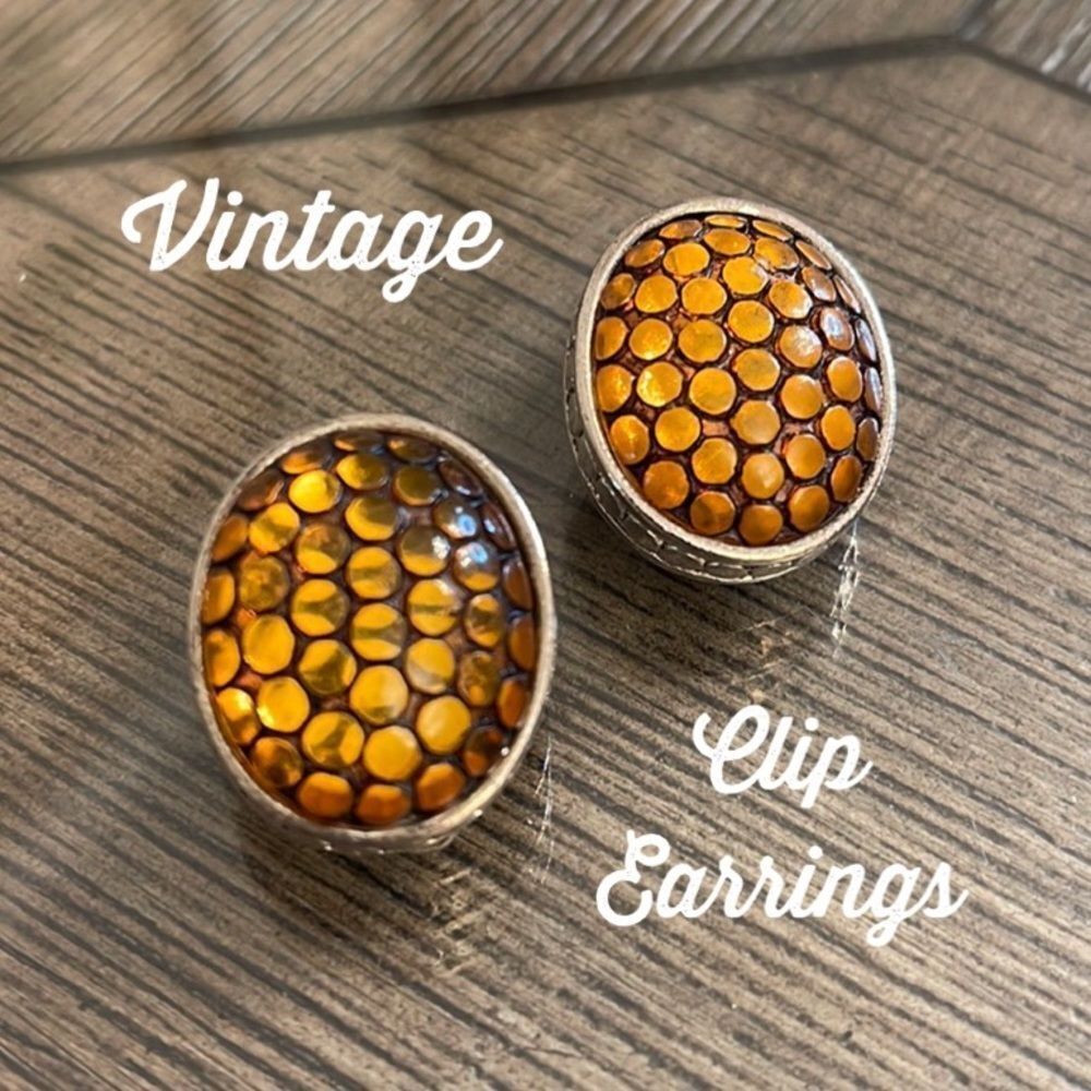 Vintage Mosaic Dot Amber Glow Honeycomb Clip Earrings